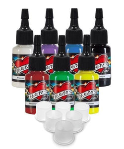 MOMs Millennium Tattoo Ink 7 Color Kit With Free Bag of Small Flat Bottom Caps